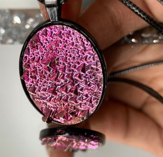 Pink Bismuth Crystal Metal Art Cord Necklace OVAL