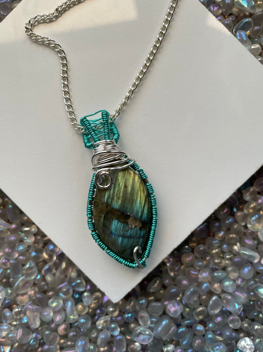 Blue Gold Labradorite Crystal Gemstone Turquoise Wire Necklace