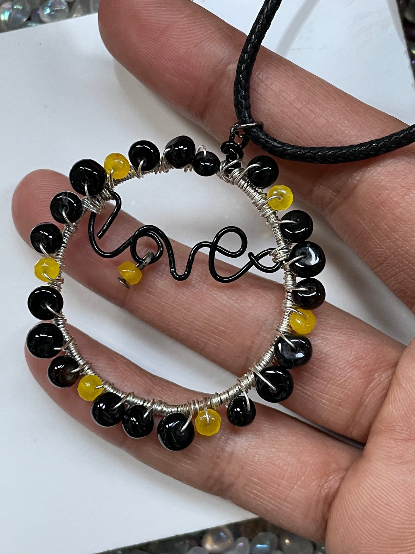 Black Onyx & Yellow Quartzite Crystal Gemstone - Love Wire Necklace