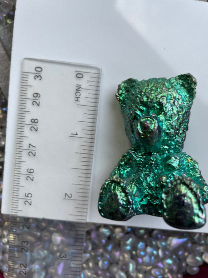 Blue Teal Bismuth Crystal Teddy Bear Metal Art Sculpture
