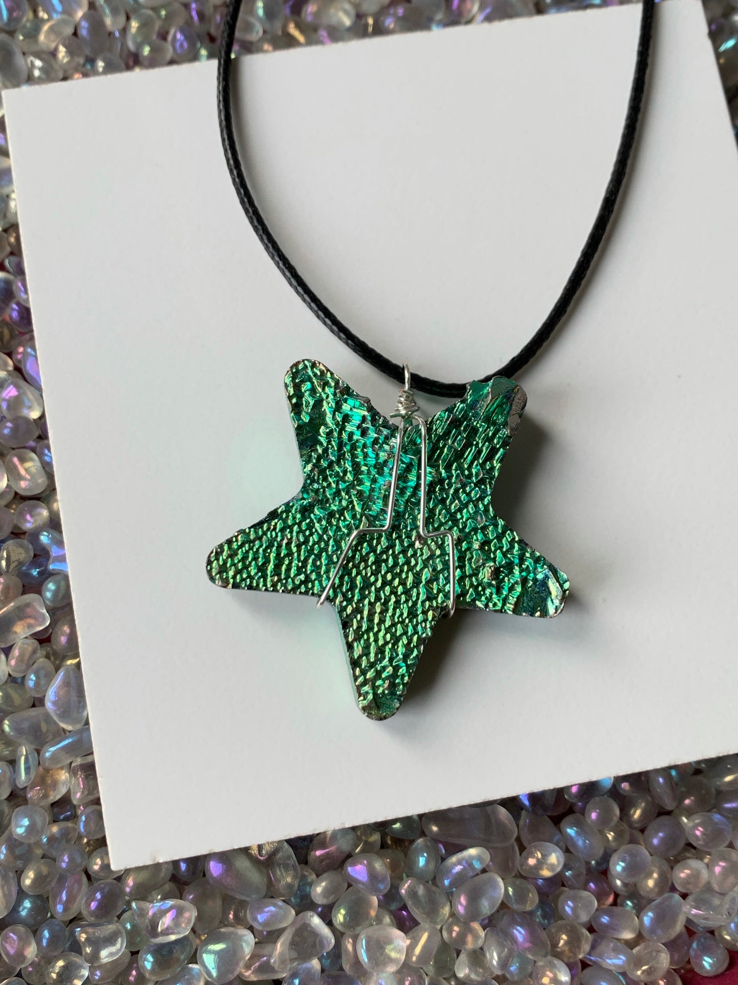 Green Teal Bismuth Crystal Star Cut Out Metal Art Cord Necklace