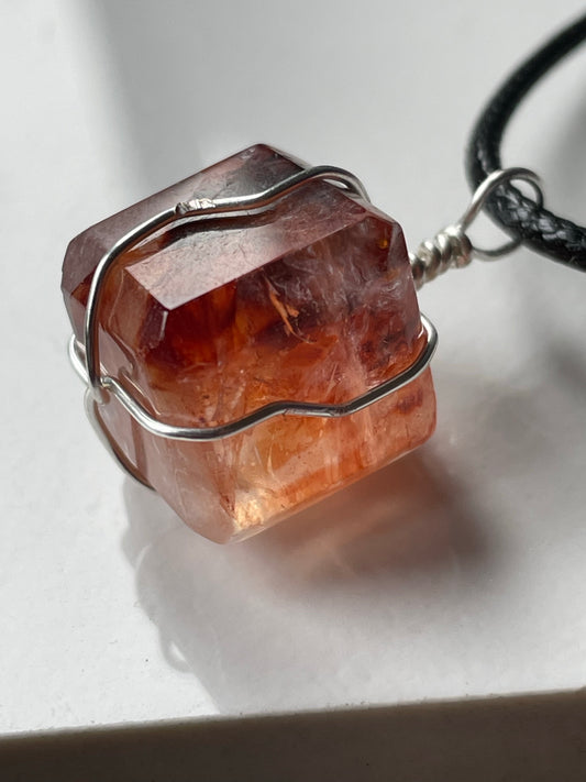 Fire Quartz Crystal Gemstone Present Wire Wrap Necklace - Silver