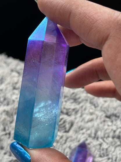 Purple & Aqua Blue Hybrid Aura Quartz Crystal Gemstone Tower Point (1)