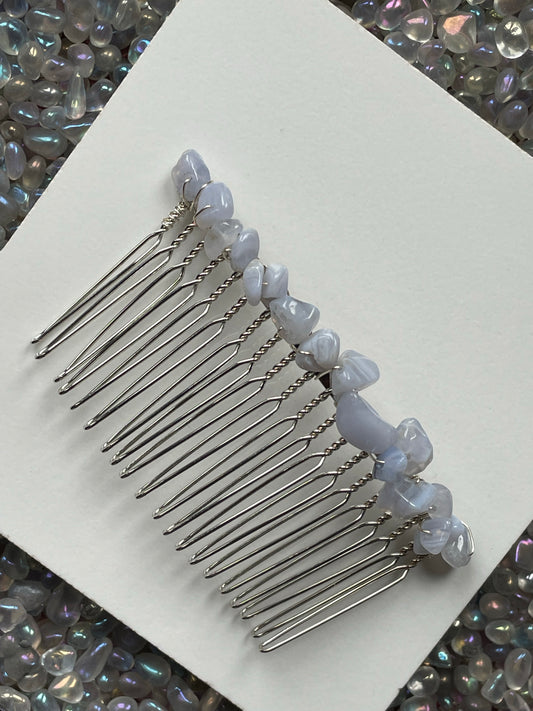 Blue Lace Agate Rough Crystal Gemstone Silver Hair Comb