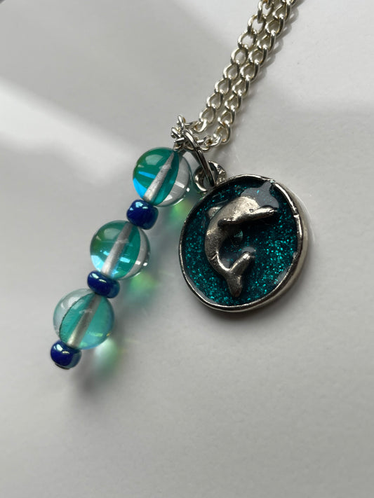 Aqua Aura Quartz Dolphin Tag Gemstone Crystal Necklace
