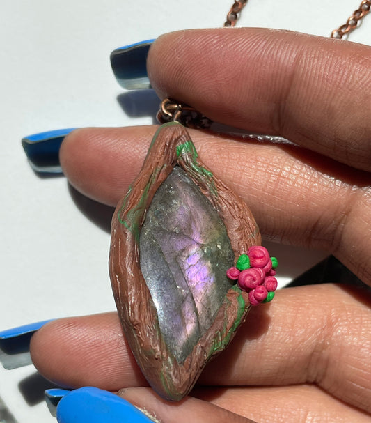 Purple Labradorite Crystal Gemstone Enchanted Rose Forest Clay Pendant Necklace