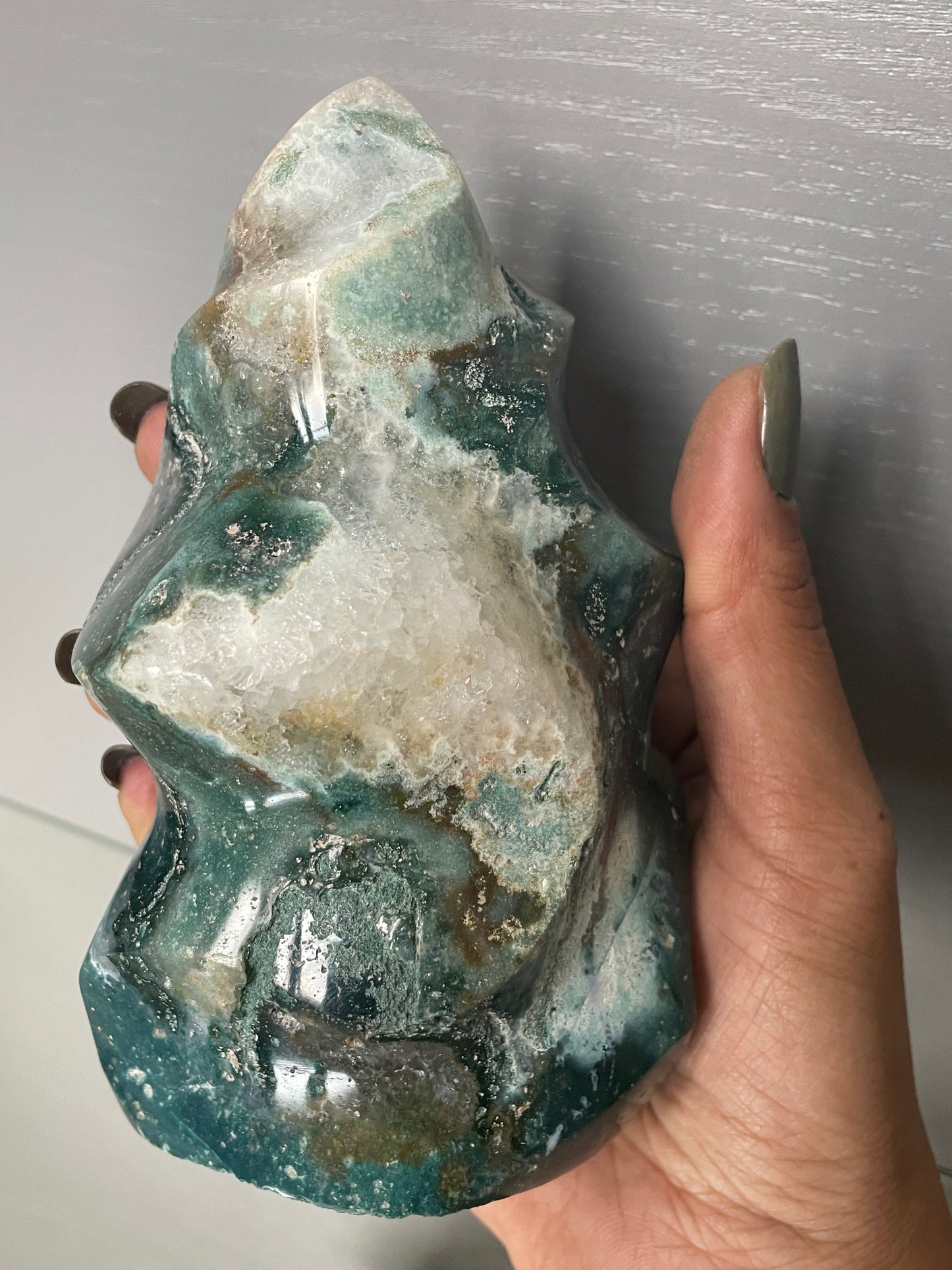 Teal Ocean Jasper Quartz Crystal Gemstone Flame Carving
