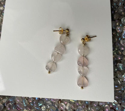 Rose Quartz Crystal Gemstone Heart Gold Earrings