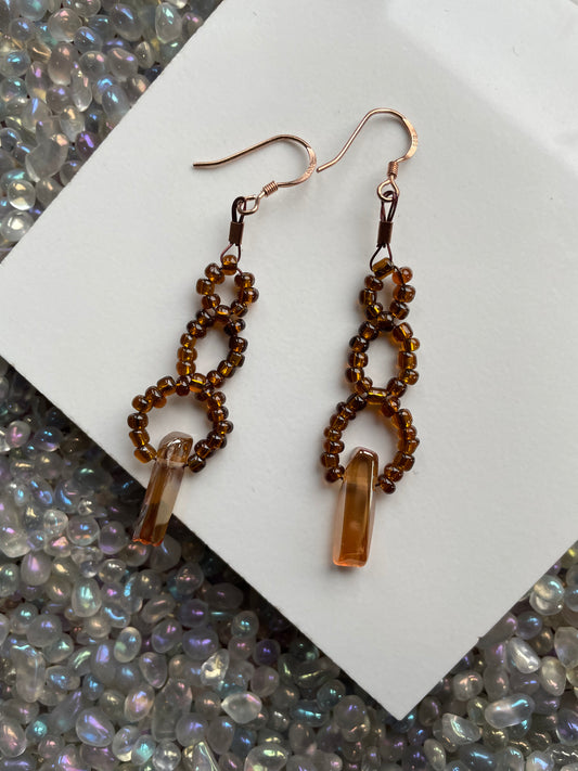 Tangerine Aura Quartz Gemstone Crystal Weave Beaded Rose Gold Earrings