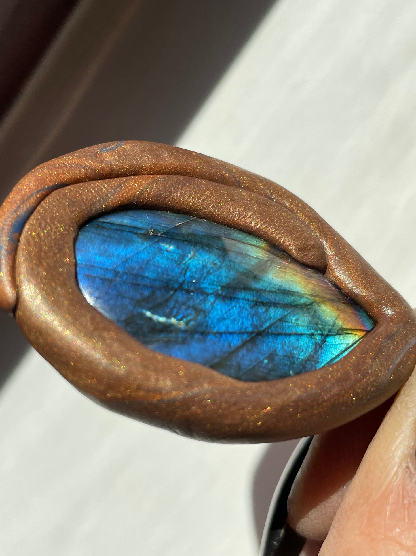 Blue Labradorite Crystal Gemstone Gold Clay Pendant Necklace