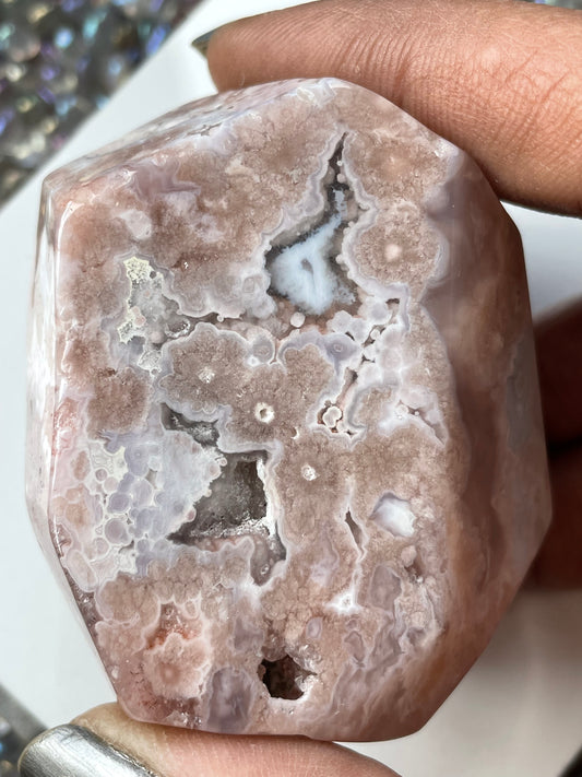 Pink Flower Agate Crystal Gemstone Faceted Freeform Carving