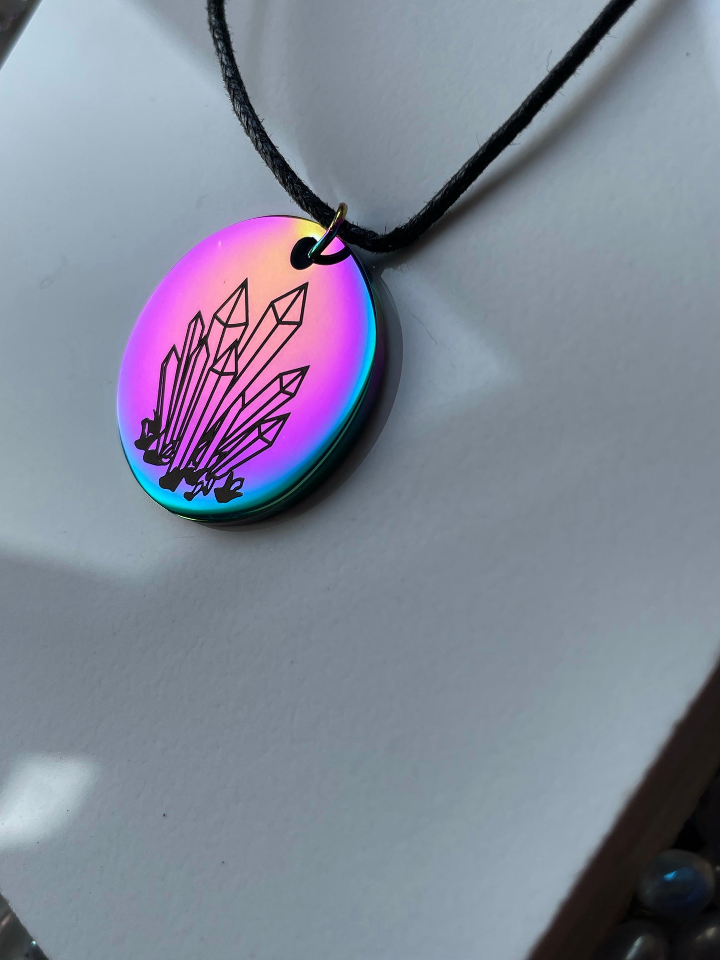 Rainbow Iridescent Crystal Illumination Designs Logo Tag Pendant Cord Gold Necklace