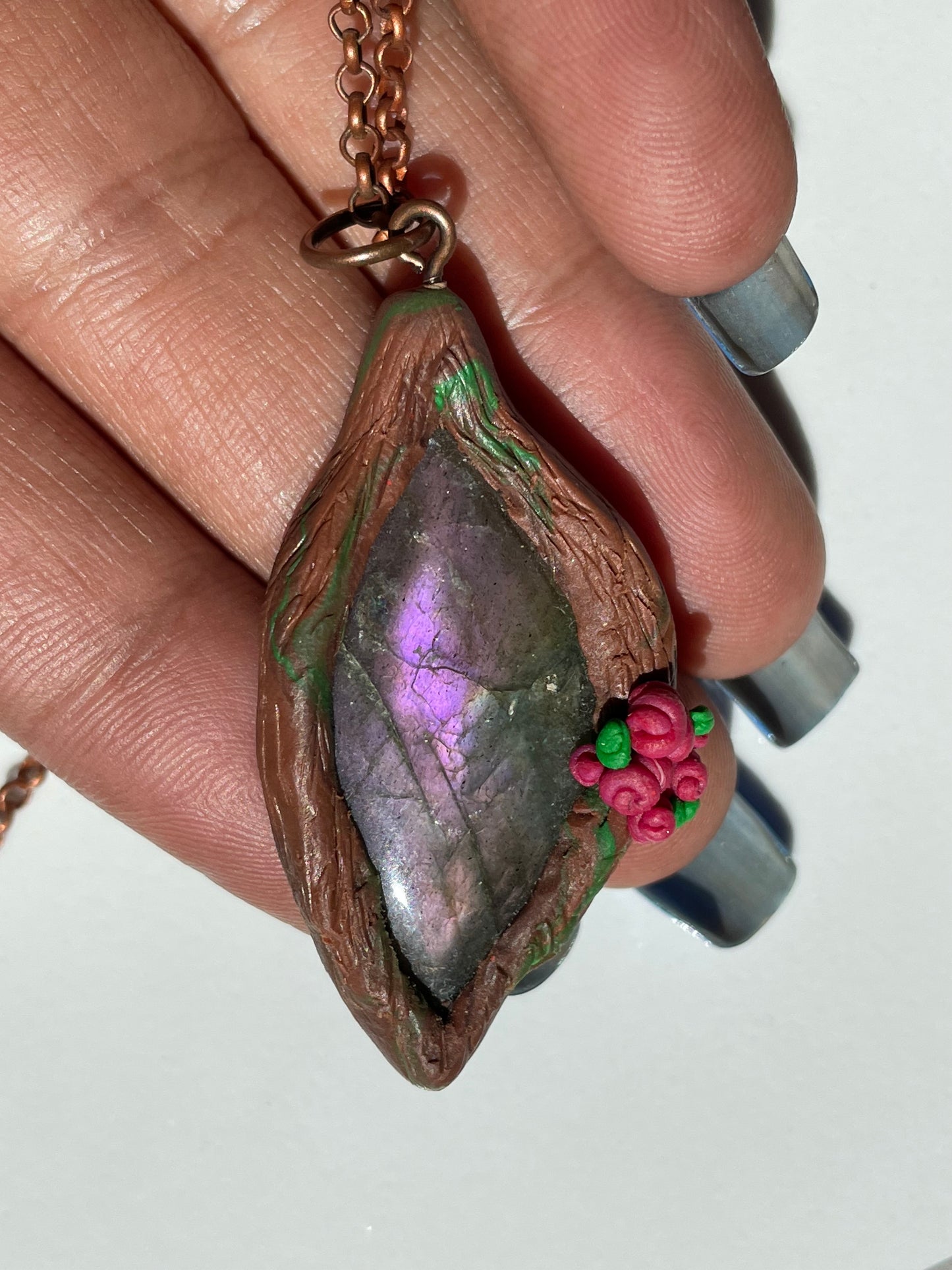 Purple Labradorite Crystal Gemstone Enchanted Rose Forest Clay Pendant Necklace