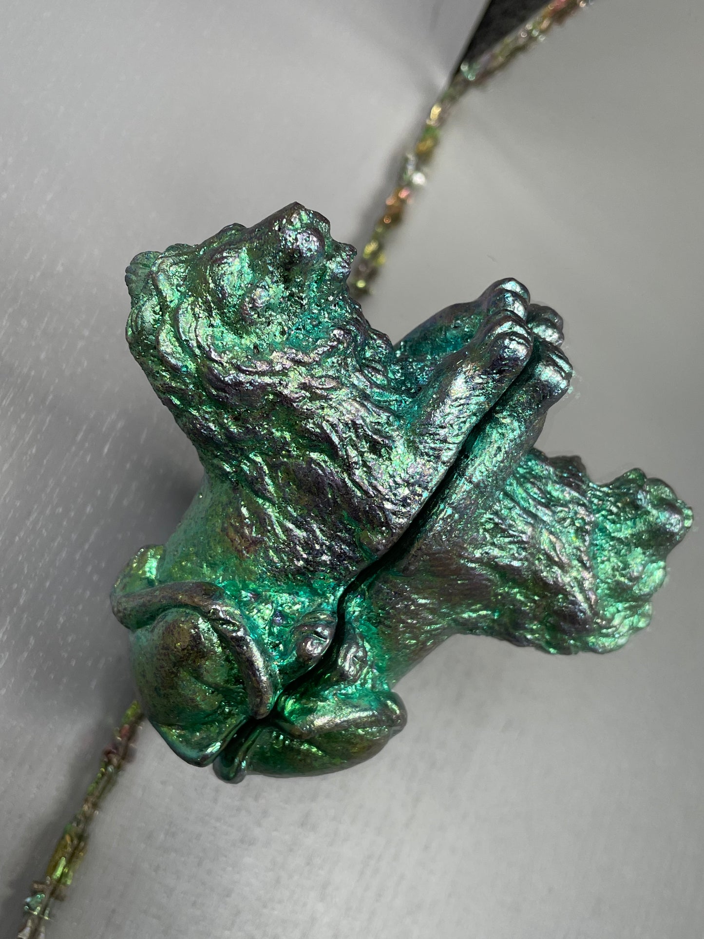 Blue Teal Bismuth Crystal Lion Metal Art Sculpture