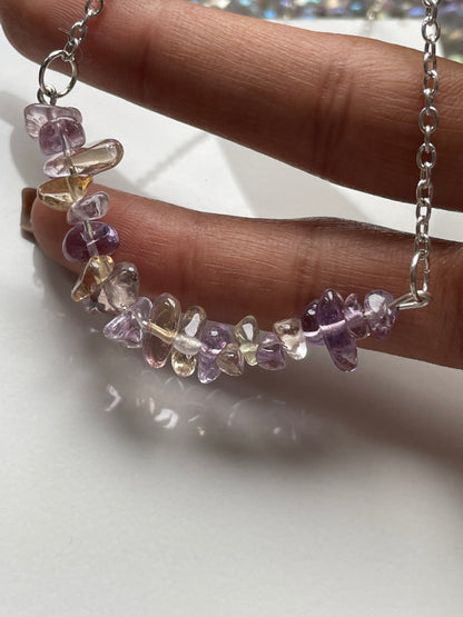 Ametrine Rough Crystal Gemstone Chip Bar Necklace