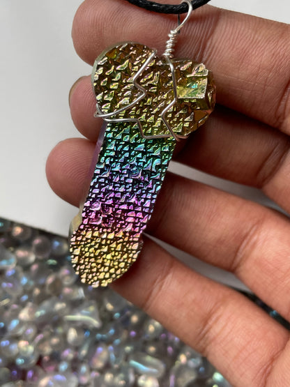 Rainbow Bismuth Crystal Penis Phallus Cut Out Metal Art Necklace