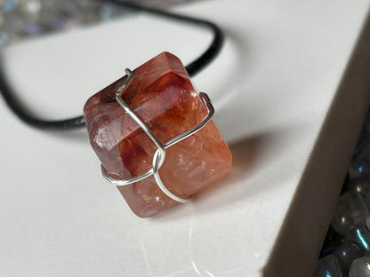 Fire Quartz Crystal Gemstone Present Wire Wrap Necklace - Silver