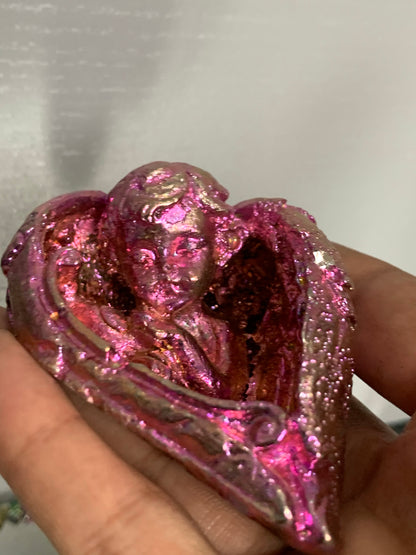 Pink Bismuth Crystal Baby Cupid Wing Metal Art Sculpture