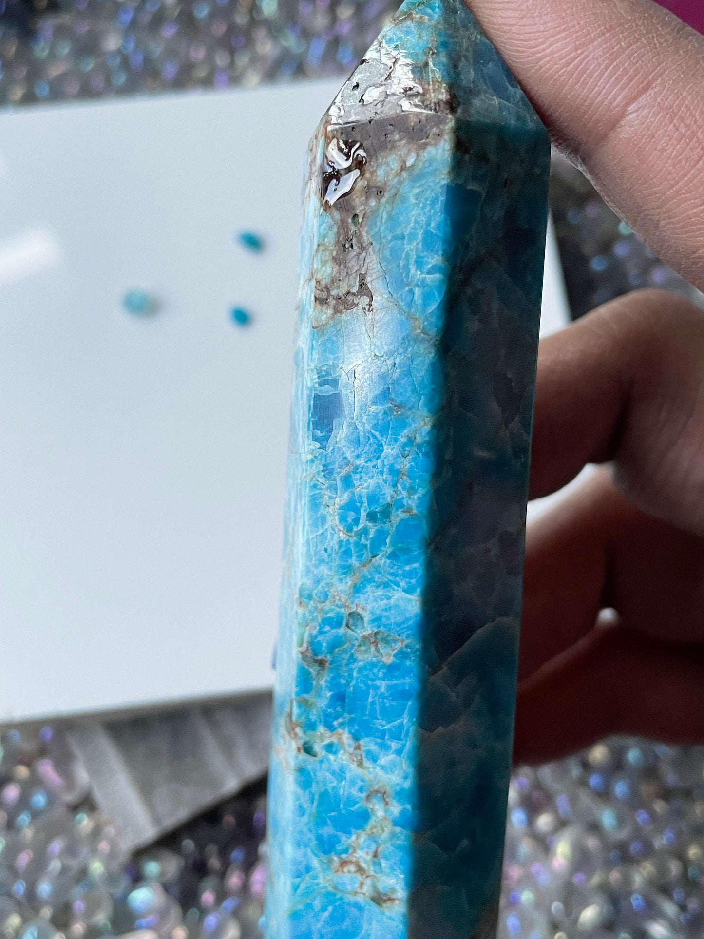 Neon Blue Apatite Gemstone Crystal Tower Point (4)