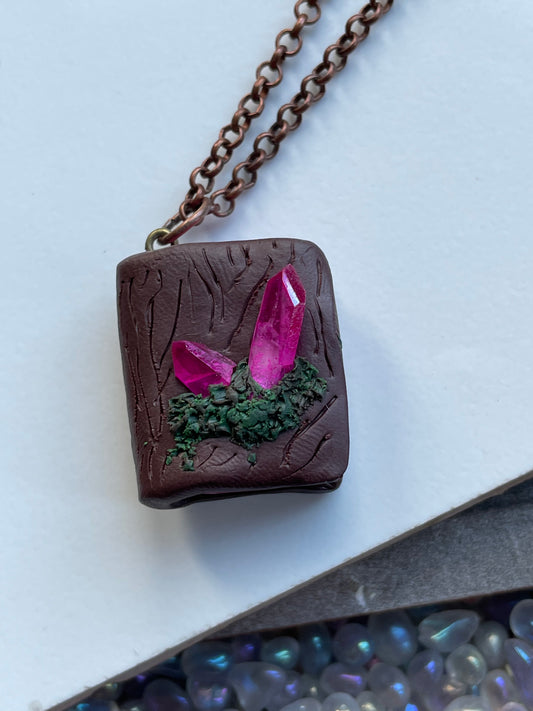 Pink Quartz Crystal Gemstone Enchanted Book Necklace