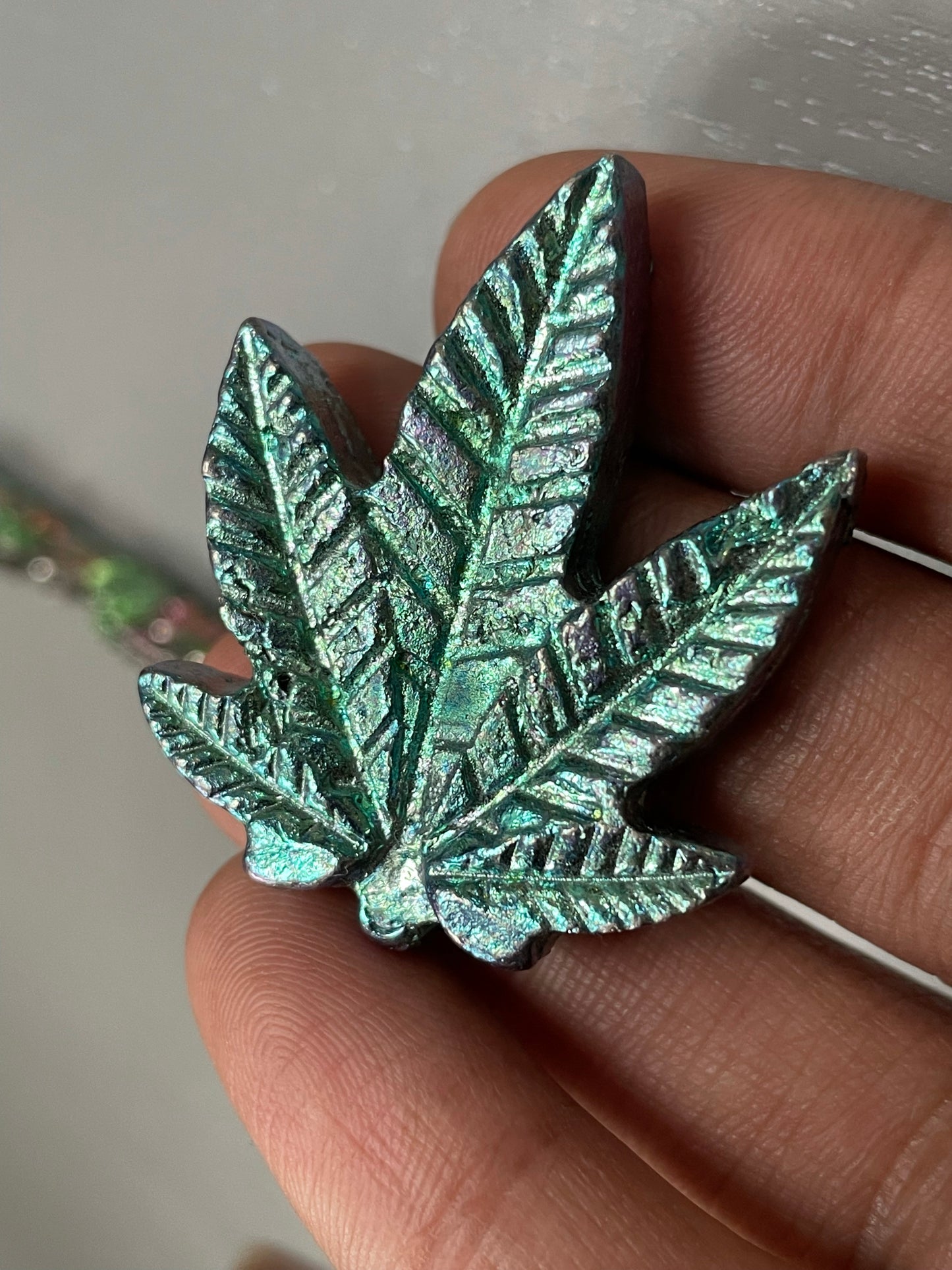 Teal Blue Bismuth Crystal Pot Leaf Metal Art Sculpture
