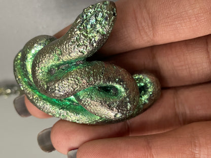 Green Teal Bismuth Crystal Coil Snake Metal Art Sculpture