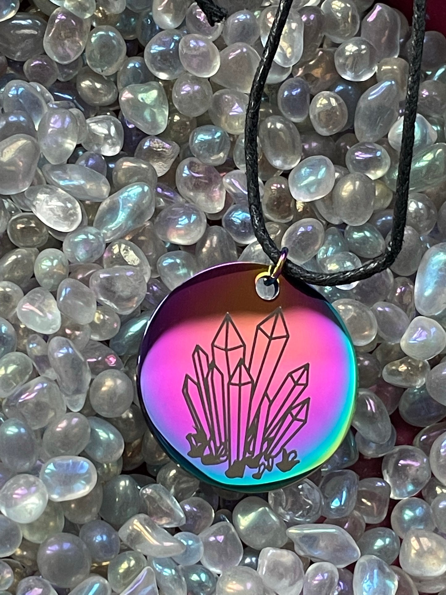 Rainbow Iridescent Crystal Illumination Designs Logo Tag Pendant Cord Gold Necklace