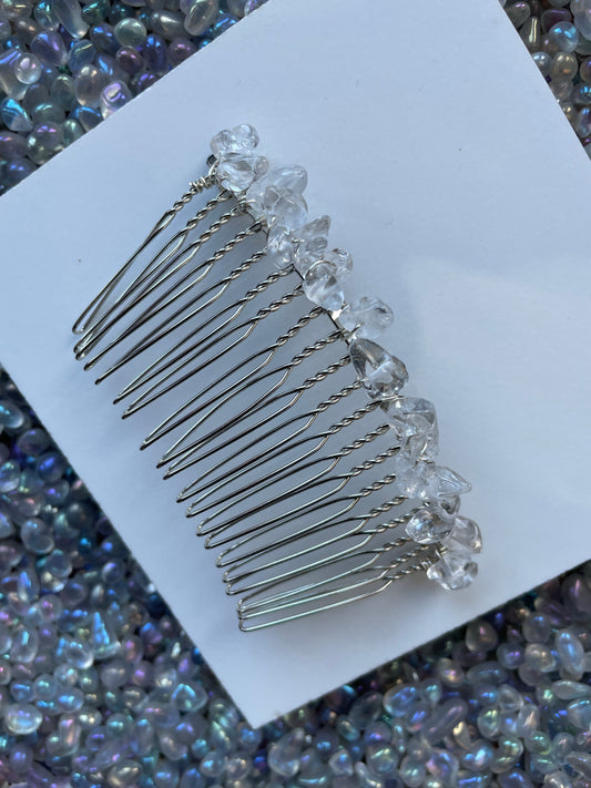 Clear Quartz Rough Crystal Gemstone Silver Hair Comb