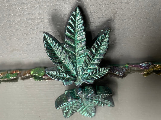 Teal Blue Bismuth Crystal Pot Leaf Metal Art Sculpture