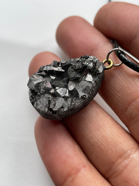 Black Aura Coated Druzy Quartz Gemstone Crystal Necklace