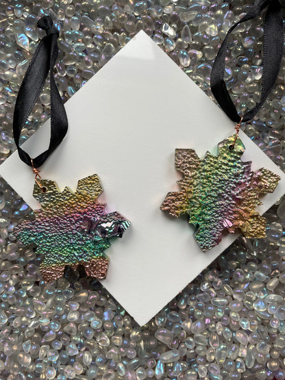 Rainbow Bismuth Crystal Snowflake Cut Out Metal Art Hanging