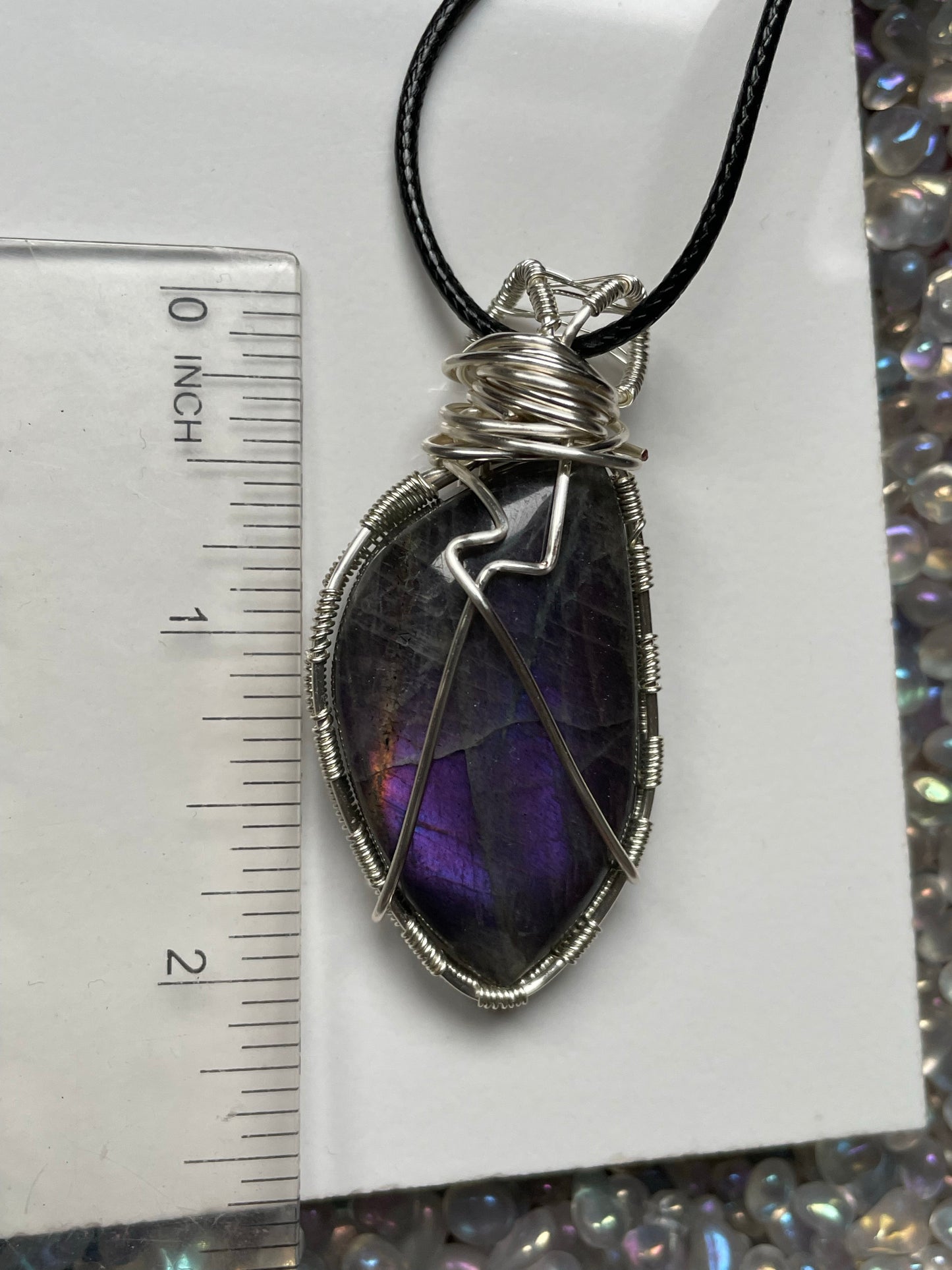 Purple Orange Labradorite Crystal Gemstone Silver Wire Necklace