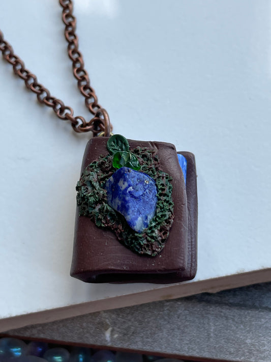 Blue Lapis Lazuli & Diopside Crystal Gemstone Enchanted Book Necklace