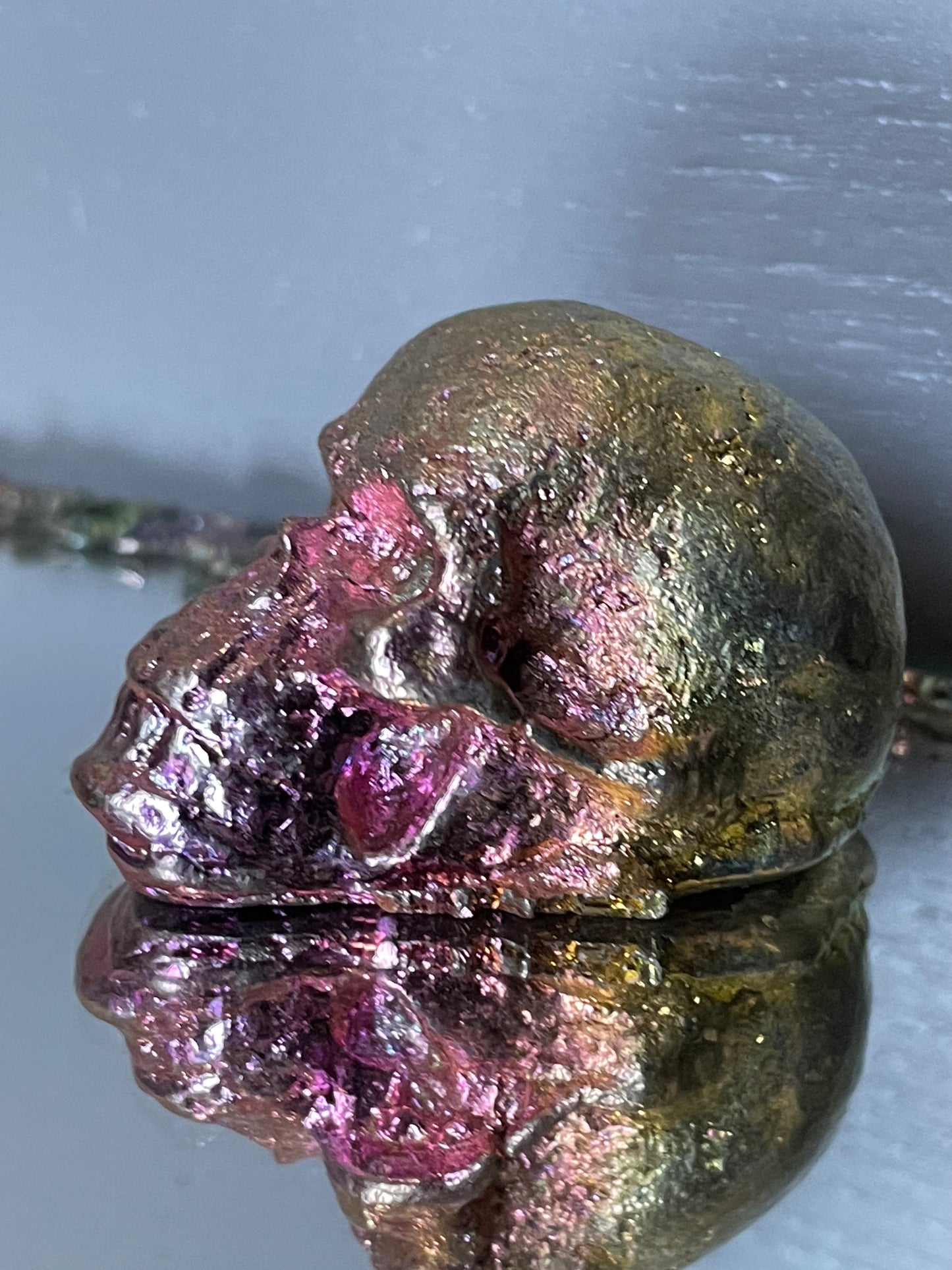 Gold Pink Bismuth Crystal Small Skull Metal Art Sculpture