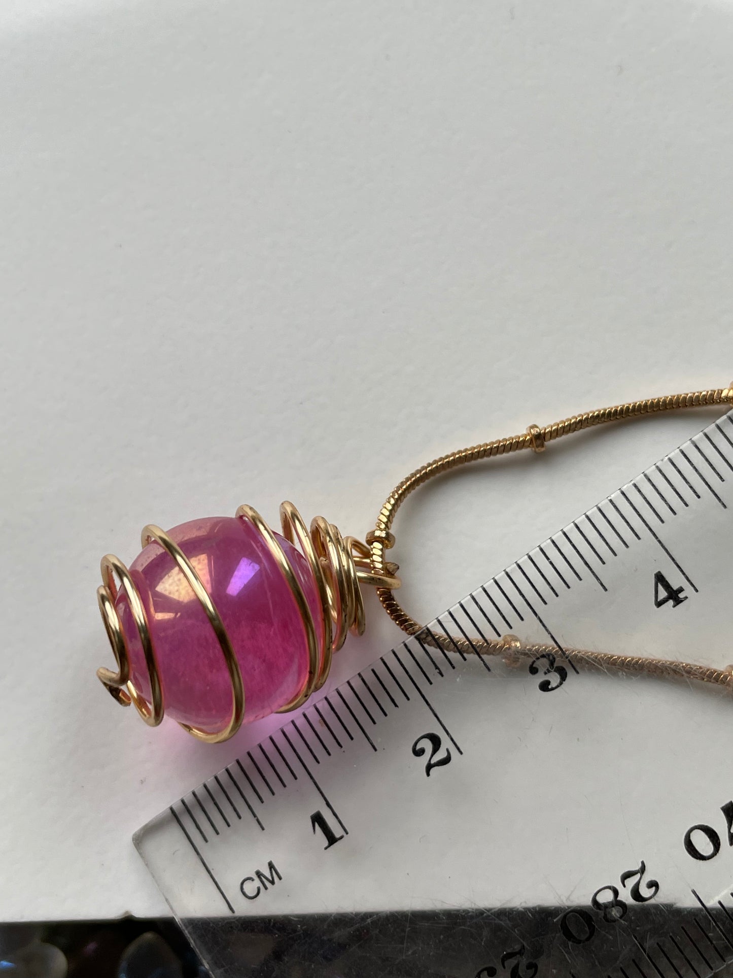 Rose Pink Aura Rainbow Quartz Crystal Ball Gold Cage Necklace