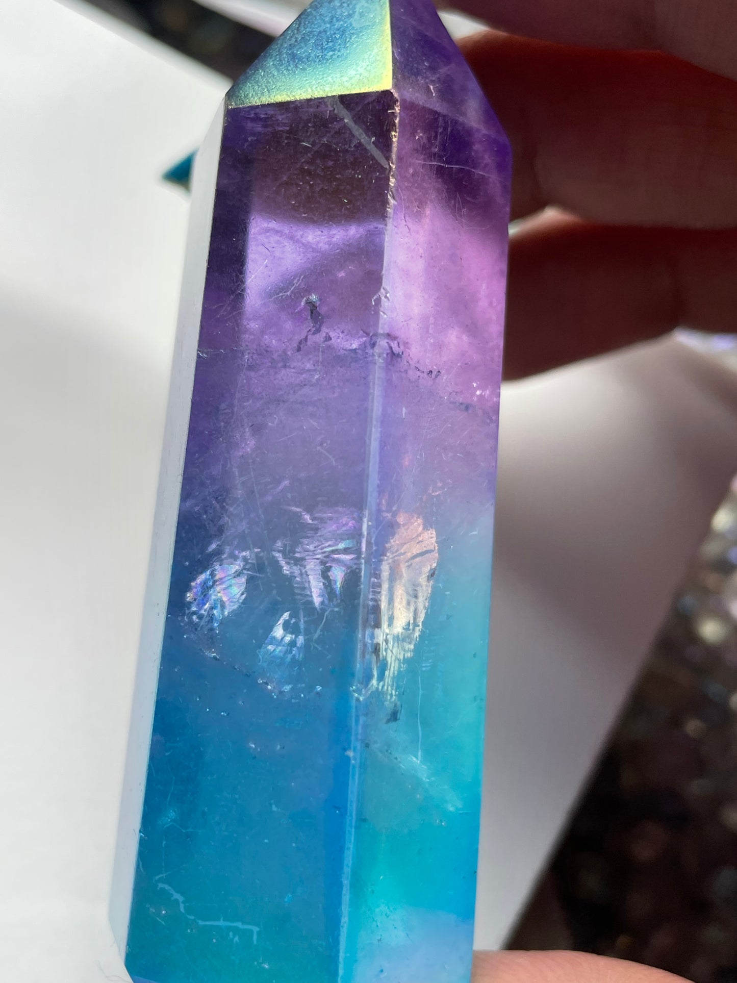 Purple & Aqua Blue Hybrid Aura Quartz Crystal Gemstone Tower Point (1)