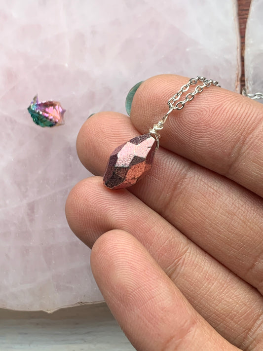 Pink Pyrite Crystal Gemstone Faceted Drop Necklace