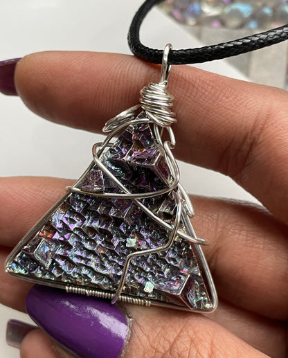 Purple Blue Bismuth Triangle Crystal Cut Out Metal Art Necklace