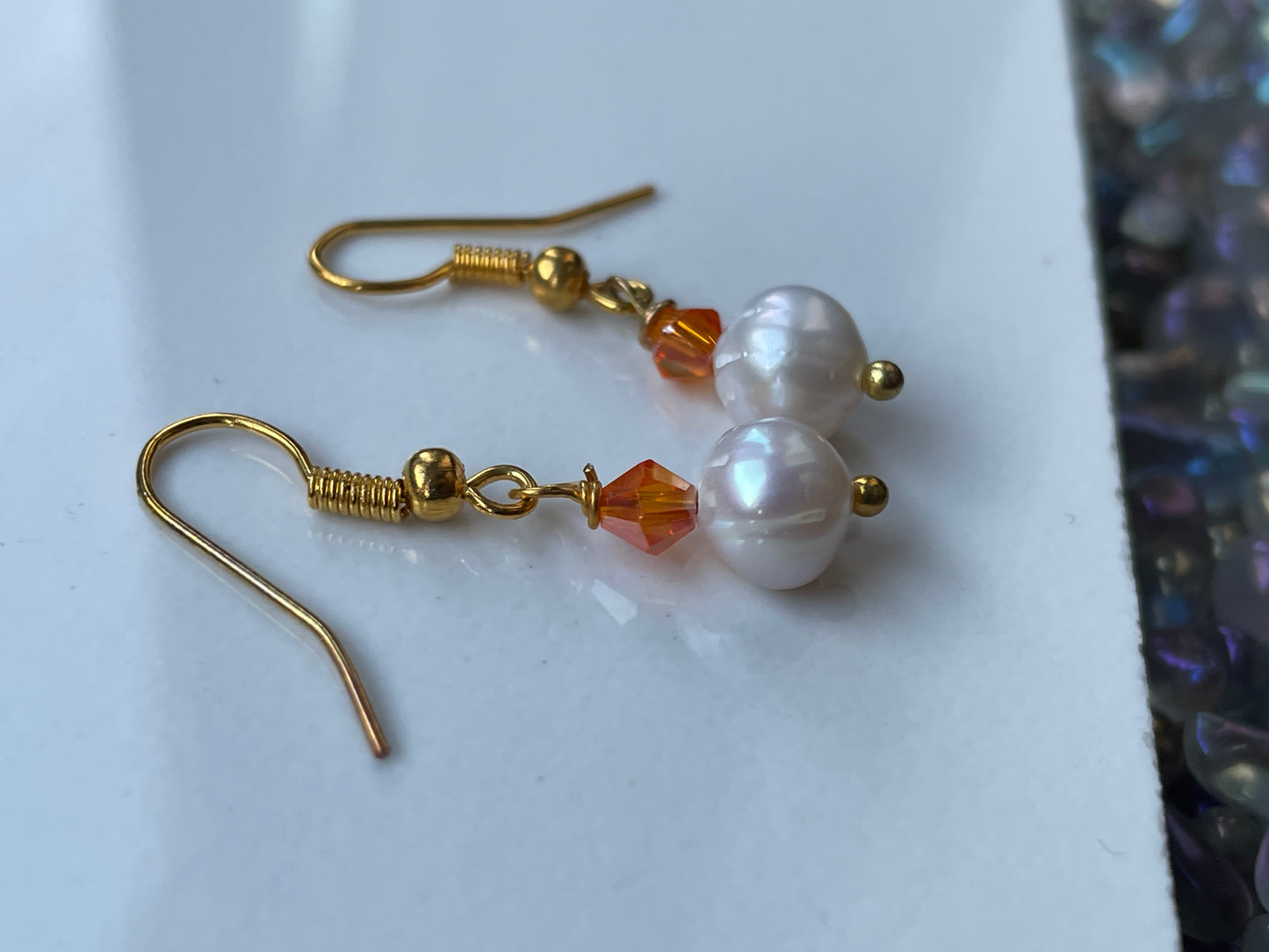 White Cultured Pearl Gemstone & Orange Crystal Drop Earrings - Gold