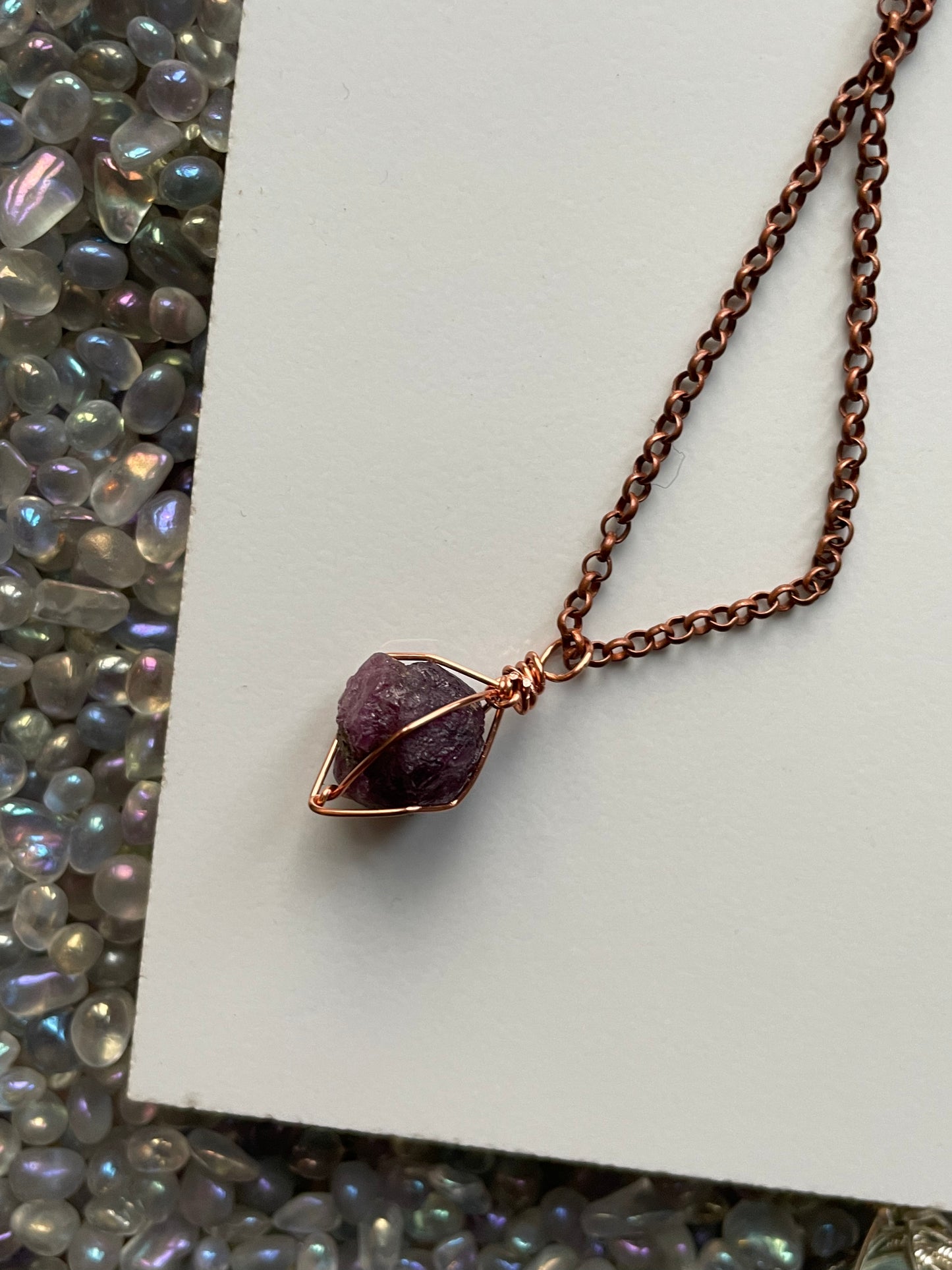 Ruby Rough Gemstone Crystal Wire Wrap Copper Necklace