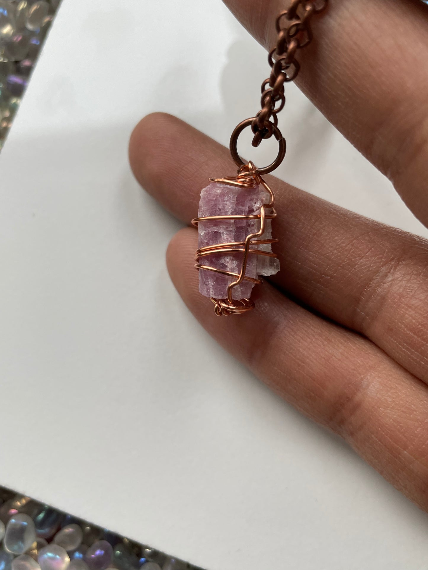 Pink Tourmaline Crystal Gemstone Rough Copper Wire Necklace