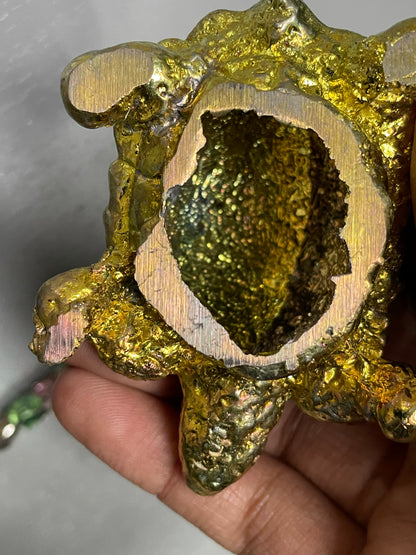 Gold Bismuth Crystal Large Horn Shelled Turtle Metal Art Sculpture