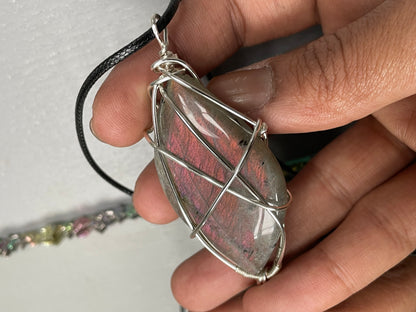 Orange Purple Labradorite Crystal Gemstone Silver Wire Necklace