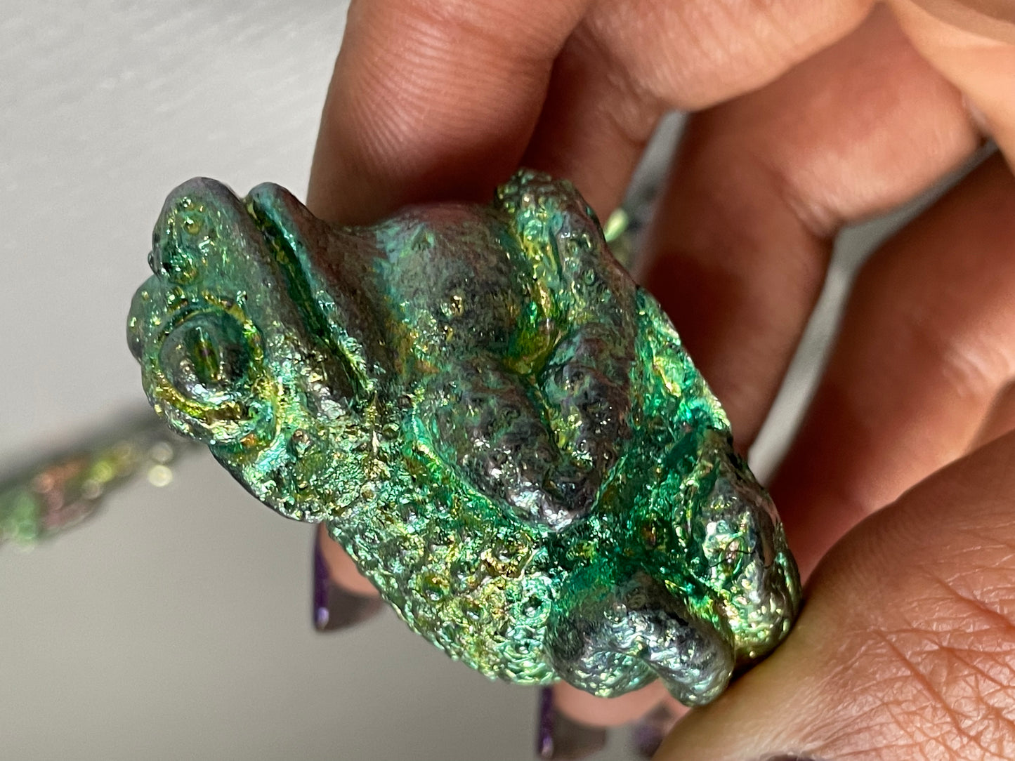 Green Teal Bismuth Crystal Small Toad Metal Art Sculpture