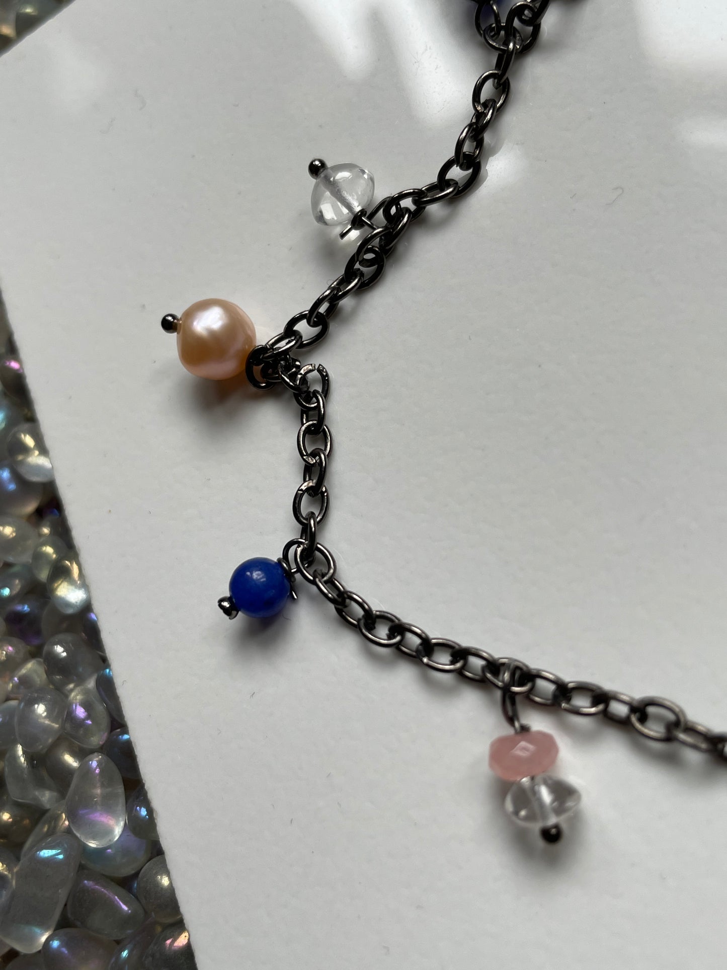 Blue & Clear Quartz Pearl Crystal Gemstone Black Dainty Charm Bracelet