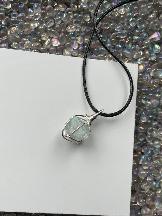 Aquamarine Cube Crystal Gemstone Wire Wrap Necklace