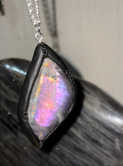 Ursula Black Clay - Purple Orange Labradorite Crystal Gemstone Pendant Necklace
