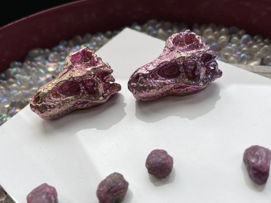 Pink Bismuth Crystal Small T. rex Skull Metal Art Sculpture