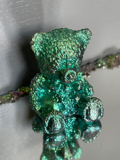 Blue Teal Bismuth Crystal Teddy Bear Metal Art Sculpture