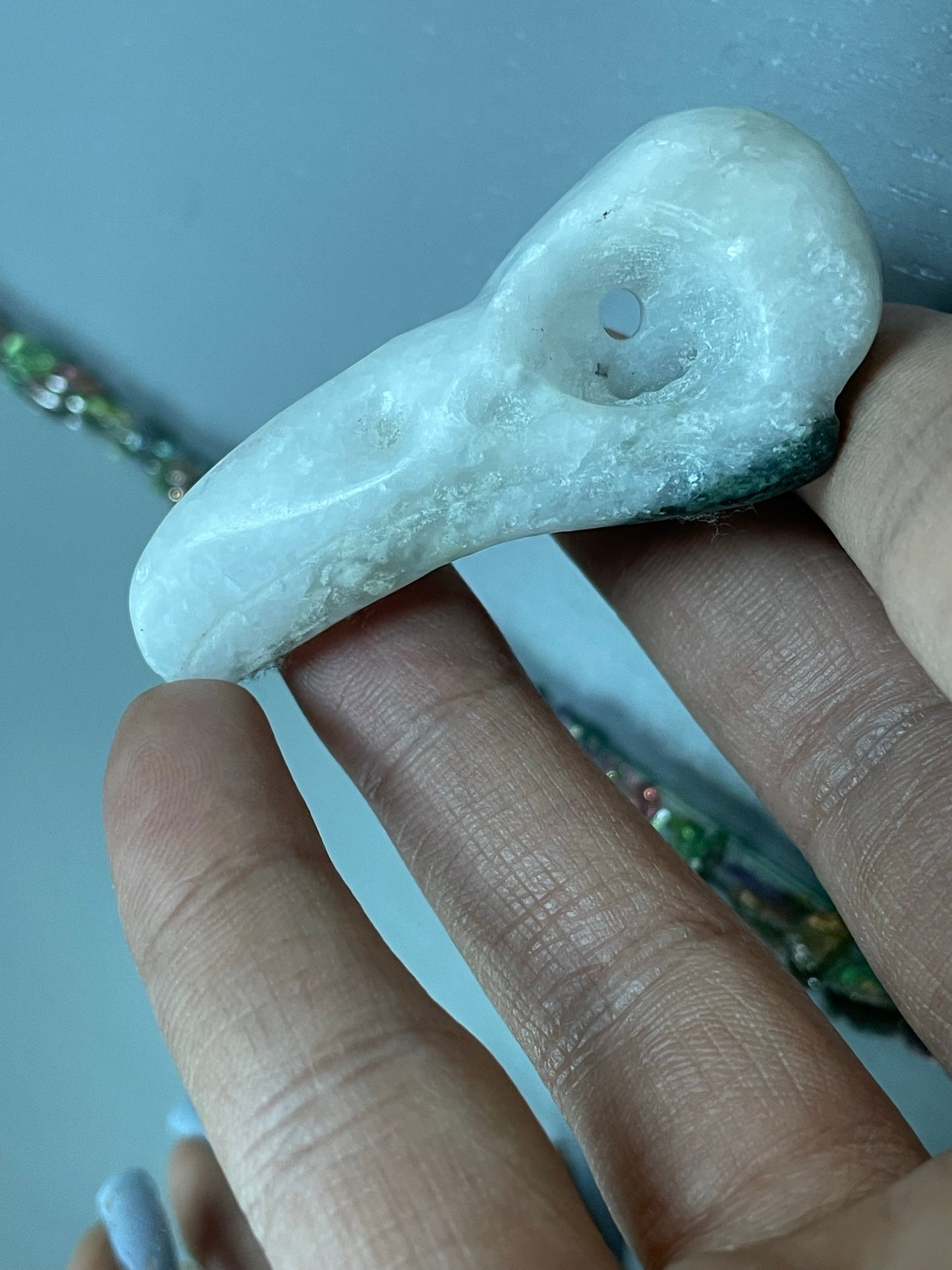Snow Moss Quartz Crystal Gemstone Raven Skull Carving - Small